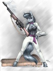 Size: 1492x2000 | Tagged: safe, artist:baron engel, artist:catd-nsfw, color edit, edit, octavia melody, earth pony, anthro, g4, assault rifle, bowtie, browning automatic rifle, bullet, clothes, colored, female, guitar case, gun, hat, looking at you, machine gun, mafia, mafia octavia, pants, rifle, simple background, smiling, smoke, solo, weapon
