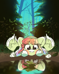 Size: 2047x2566 | Tagged: safe, artist:klooda, oc, oc only, oc:sammy, frog, pegasus, pony, commission, cute, detailed, detailed background, female, forest, high res, lake, leaves, lying down, mare, pegasus oc, reflection, smiling, solo, spread wings, tree, wings, ych result