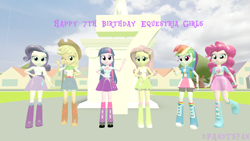 Size: 3840x2160 | Tagged: safe, artist:jspzyhl, artist:optimussparkle, applejack, fluttershy, pinkie pie, rainbow dash, rarity, twilight sparkle, equestria girls, g4, 3d, 7th anniversary, canterlot high, high res, humane five, humane six, source filmmaker, statue, twilight sparkle (alicorn)