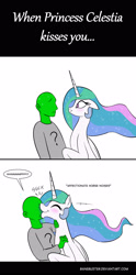Size: 1600x3214 | Tagged: safe, artist:banebuster, princess celestia, oc, oc:anon, alicorn, human, pony, g4, 2 panel comic, :t, blushing, comic, cute, cutelestia, descriptive noise, do not want, eyes closed, female, floppy ears, frown, horse noises, kissing, male, mare, nervous, pushing, simple background, smiling, speech bubble, sucking, sweat, white background, worried
