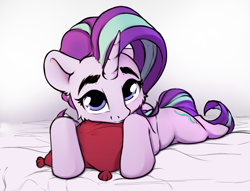 Size: 2056x1574 | Tagged: safe, artist:hitbass, starlight glimmer, pony, unicorn, g4, cute, female, glimmerbetes, looking at you, mare, pillow, simple background, solo, white background