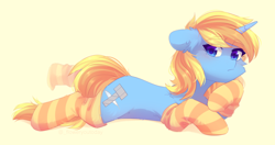 Size: 1886x997 | Tagged: safe, artist:floweryoutoday, oc, oc only, oc:skydreams, pony, unicorn, blushing, clothes, commission, cute, ear fluff, female, lying down, mare, socks, solo, striped socks, ych result