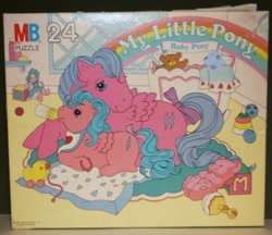 Size: 889x768 | Tagged: safe, photographer:jazzmatazz, baby firefly, firefly, bird, duck, g1, official, baby bottle, bow, crib, cute, flyabetes, foal, merchandise, milton bradley, puzzle, tail bow