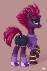 Size: 1280x1920 | Tagged: safe, artist:cherrymocaccino, artist:zuko42, tempest shadow, pony, unicorn, g4, broken horn, clothes, ear fluff, female, horn, looking at you, scar, shoes, shorts, socks, solo, sports, sports shorts