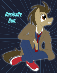 Size: 1743x2229 | Tagged: safe, artist:sixes&sevens, doctor whooves, time turner, earth pony, anthro, g4, abstract background, blazer, clothes, doctor who, necktie, overcoat, pants, shoes, sitting, smiling, sneakers, suit, tenth doctor, the doctor, trainer