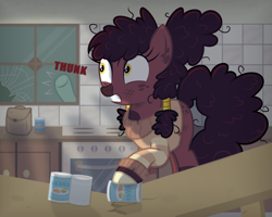 Size: 3000x2400 | Tagged: safe, artist:devfield, oc, oc only, oc:coffee blend, pony, undead, zombie, zombie pony, g4, apocalypse, backpack, beans, blurry background, broken, broken glass, can, clothes, cloven hooves, commission, cupboard, dial, dirty, female, food, hair accessory, high res, jewelry, messy mane, offscreen character, oven, shadow, shocked, shocked expression, show accurate, spots, stove, sweater, table, tiles, window