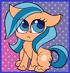 Size: 3000x3141 | Tagged: safe, artist:rainbowtashie, orange zest, earth pony, pony, g4.5, how applejack got her hat back, my little pony: pony life, abstract background, background pony, blush sticker, blushing, butt fluff, chest fluff, ear fluff, eye clipping through hair, female, high res, mare, simple background, sitting, solo