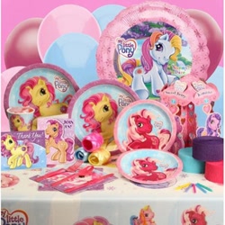 Size: 400x400 | Tagged: safe, photographer:absol, cherry blossom (g3), kimono, rarity (g3), sparkleworks, summer bloom, sunny daze (g3), g3, official, balloon, cup, fork, invitation, knife, merchandise, napkin, plate, ribbon, spoon