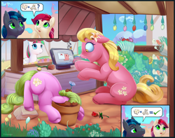 Size: 4250x3350 | Tagged: safe, artist:viwrastupr, blossomforth, daisy, flower wishes, lily, lily valley, roseluck, oc, oc:spark gap, bat pony, earth pony, pegasus, pony, fanfic:fine print, g4, bat pony oc, flower, flower pot, flower shop, flower trio, high res, panic, ponies with technology, rosegap, tablet, the horror, this will end in fire, wings