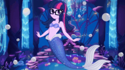 Size: 1920x1080 | Tagged: safe, artist:invisibleink, sci-twi, twilight sparkle, mermaid, equestria girls, g4, animated, bare shoulders, bubble, female, mermaid sci-twi, mermaidized, seaquestria, seashell bra, singing, smiling, solo, song, sound, species swap, strapless, tail, tara strong, the little mermaid, the little mermaid 2: return to the sea, throne, underwater, webm
