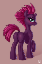 Size: 1600x2400 | Tagged: safe, alternate version, artist:cherrymocaccino, artist:zuko42, tempest shadow, pony, unicorn, g4, bedroom eyes, blushing, broken horn, butt, butt fluff, chest fluff, ear fluff, female, horn, looking at you, mare, plot, scar, seductive, seductive look, sexy, simple background, solo, tempass