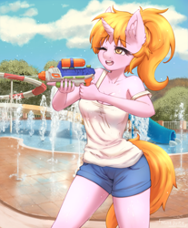 Size: 2939x3543 | Tagged: safe, artist:mintjuice, oc, oc only, oc:maya northwind, unicorn, anthro, anthro oc, commission, female, fight, high res, looking at each other, mare, ponytail, smiling, solo, water park, watergun