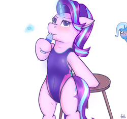 Size: 3128x2914 | Tagged: safe, artist:legionsunite, starlight glimmer, trixie, pony, unicorn, semi-anthro, g4, adorasexy, arm hooves, bipedal, blood, blushing, clothes, cute, drinking, female, high res, implied lesbian, implied shipping, implied startrix, mare, nosebleed, one-piece swimsuit, sexy, simple background, swimsuit, water bottle, white background