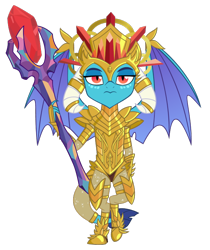 Size: 600x714 | Tagged: safe, artist:queencold, princess ember, dragon, g4, armor, bloodstone scepter, crown, dragon lord ember, dragoness, female, gold, headdress, jewelry, regalia, simple background, solo, sparkles, transparent background