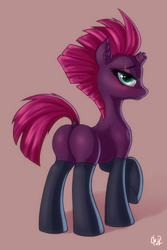 Size: 1600x2400 | Tagged: safe, alternate version, artist:cherrymocaccino, artist:zuko42, tempest shadow, pony, unicorn, g4, bedroom eyes, blushing, broken horn, butt, butt fluff, chest fluff, clothes, ear fluff, female, horn, looking at you, missing cutie mark, plot, seductive, seductive look, sexy, simple background, socks, solo, tempass