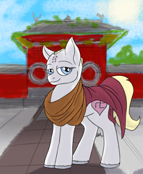 Size: 2359x2868 | Tagged: safe, artist:mcsplosion, oc, oc only, oc:aryanne, earth pony, pony, backstory in description, bald, buddhism, burn marks, female, high res, hindu swastika, monk, not nazi, nun, reformed, shaolin, shaved mane, sketched background, solo, swastika, temple