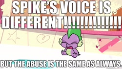 Size: 2048x1152 | Tagged: safe, edit, edited screencap, screencap, spike, dragon, g4.5, my little pony: pony life, potion mystery, abuse, caption, excessive exclamation marks, go to sleep garble, image macro, op is a duck, op is trying to be funny, op is trying too hard, shitposting, tabitha st. germain, text, truth, voice change, winged spike, wings