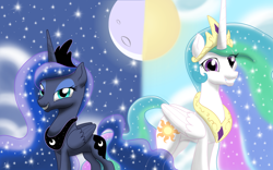 Size: 4000x2500 | Tagged: dead source, safe, artist:theroyalprincesses, princess celestia, princess luna, alicorn, pony, g4, cutie mark, ethereal mane, high res, looking at you, royal sisters, smiling, starry mane