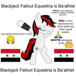 Size: 900x900 | Tagged: safe, oc, oc only, oc:blackjack, pony, unicorn, fallout equestria, fallout equestria: project horizons, bipedal, dab, eyes closed, fanfic art, female, mare, pipbuck, shitposting, simple background, solo, syria, text, white background