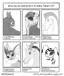 Size: 620x730 | Tagged: safe, artist:amyntha-eszti, coloratura, discord, draconequus, dragon, earth pony, pegasus, pony, vaporeon, anthro, g4, anthro with ponies, bust, clothes, countess coloratura, crossover, female, grayscale, hercules, how to train your dragon, male, mare, miraculous ladybug, monochrome, pegasus (hercules), pokémon, pollen, pollen (miraculous ladybug), six fanarts, toothless the dragon, veil