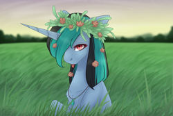 Size: 3307x2205 | Tagged: safe, artist:chrystal_company, oc, oc only, oc:nightmare chrystal, pony, unicorn, bust, floral head wreath, flower, grass, hair over one eye, high res, horn, jewelry, necklace, outdoors, solo, unicorn oc