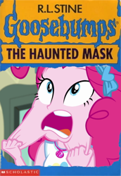 Size: 856x1243 | Tagged: safe, edit, edited screencap, screencap, pinkie pie, equestria girls, g4, my little pony equestria girls: better together, stressed in show, stressed in show: pinkie pie, female, geode of sugar bombs, goosebumps, magical geodes, rl stine, scholastic, solo, the haunted mask