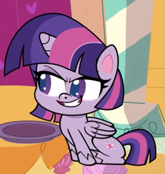 Size: 567x597 | Tagged: safe, screencap, twilight sparkle, alicorn, pony, g4.5, my little pony: pony life, the fast and the furriest, confident, cropped, evil grin, female, grin, mare, sitting, smiling, solo, twilight sparkle (alicorn)
