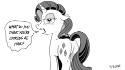 Size: 1200x675 | Tagged: safe, artist:pony-berserker, rarity, pony, unicorn, pony-berserker's twitter sketches, g4, angry, breaking the fourth wall, butt, halftone, looking at you, monochrome, plot, rearity, sketch