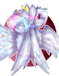 Size: 979x1255 | Tagged: safe, artist:shinningblossom12, oc, oc only, demon, demon pony, original species, pegasus, pony, black sclera, bust, chest fluff, duality, female, grin, horns, mare, one eye closed, pegasus oc, simple background, smiling, sombra eyes, transparent background, wings, wink