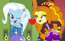 Size: 1700x1076 | Tagged: safe, edit, edited screencap, screencap, adagio dazzle, trixie, equestria girls, equestria girls specials, g4, my little pony equestria girls: better together, my little pony equestria girls: forgotten friendship, my little pony equestria girls: sunset's backstage pass, female, lesbian, one eye closed, shipping, shipping domino, triagio