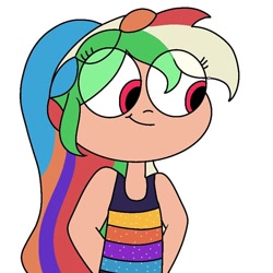 Size: 768x768 | Tagged: safe, alternate version, artist:purpleblossom.exe, rainbow dash, human, g4, arm behind back, clothes, eye clipping through hair, eyelashes, female, humanized, looking down, simple background, smiling, solo, white background