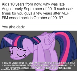Size: 1200x1105 | Tagged: safe, edit, edited screencap, screencap, twilight sparkle, alicorn, pony, g4, 4chan, argument in the comments, drama, female, gray background, mematic, mematic.net, meta, sad, simple background, solo, text, twilight sparkle (alicorn)