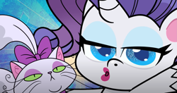 Size: 1595x845 | Tagged: safe, screencap, opalescence, rarity, cat, pony, unicorn, g4, g4.5, my little pony: pony life, the fast and the furriest, female, lipstick, mare, pink lipstick, pose, rarity being rarity, selfie