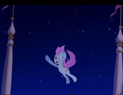 Size: 668x518 | Tagged: safe, screencap, button bounce, earth pony, pony, g4, my little pony: the movie, airborne, background pony, canterlot, cropped, female, happy, mare, night, offscreen character, surprised