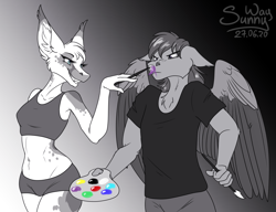 Size: 1302x1000 | Tagged: source needed, useless source url, safe, artist:sunny way, oc, oc:corpsly, oc:monochrome spots, sphinx, anthro, black and white, female, funny, furry, furry oc, grayscale, male, monochrome, painting, patreon, patreon reward, sphinx oc