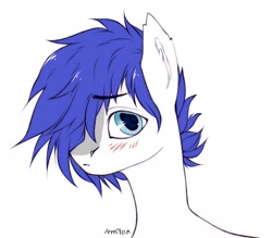 Size: 1948x1708 | Tagged: safe, artist:armi4an, oc, oc only, oc:isaac pony, earth pony, pony, blue eyes, blue mane, blushing, cute, ear fluff, eyebrows, eyebrows visible through hair, light skin, looking at you, male, shy, signature, simple background, solo, stallion, white background