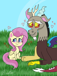 Size: 768x1024 | Tagged: safe, artist:delfinaluther, discord, fluttershy, draconequus, pegasus, pony, g4.5, my little pony: pony life, blushing, cute, discute, female, heart, hilarious in hindsight, male, mare, ship:discoshy, shipping, shyabetes, straight