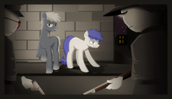 Size: 5220x3010 | Tagged: safe, artist:5thempire, oc, oc:gray justice, oc:isaac pony, earth pony, pony, attack, attack pose, blue eyes, blue mane, blue tail, city, glasses, gray mane, madness combat, night, photo, rage, soldier, suspicious, suspicious face, two male, war, weapon