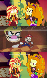 Size: 1920x3202 | Tagged: safe, edit, edited screencap, screencap, adagio dazzle, sunset shimmer, equestria girls, equestria girls specials, g4, my little pony equestria girls: better together, my little pony equestria girls: sunset's backstage pass, blank eyes, discovery kids, every copy of super mario 64 is personalized, geode of empathy, magical geodes, male, mario, running, sunset sees things, super mario 64, super mario bros., the wario apparition, wario, white eyes