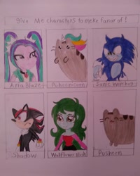 Size: 1080x1350 | Tagged: safe, artist:pikichavez2019, aria blaze, wallflower blush, cat, hedgehog, anthro, equestria girls, g4, clothes, crossover, eyes closed, female, gloves, male, pusheen, shadow the hedgehog, six fanarts, smiling, sonic the hedgehog, sonic the hedgehog (series), sonic the werehog, sonic unleashed, traditional art