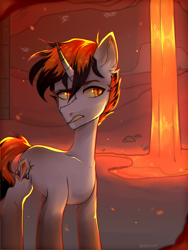 Size: 3000x4000 | Tagged: safe, artist:biskvit, oc, oc only, pony, unicorn, commission, eye, eyes, lava, looking at you, male, minecraft, nether (minecraft), solo, stallion, ych result