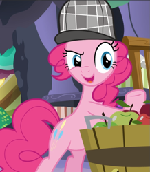 Size: 819x939 | Tagged: safe, screencap, pinkie pie, earth pony, pony, g4, secrets and pies, apple, bipedal, cropped, deerstalker, detective, female, food, hat, mare, open mouth, raised eyebrow, raised hoof, sherlock holmes, sherlock pie, smiling, solo