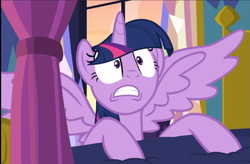 Size: 1329x872 | Tagged: safe, screencap, twilight sparkle, alicorn, pony, a health of information, g4, bed, cropped, faic, female, shocked, shrunken pupils, solo, spread wings, twilight sparkle (alicorn), wings