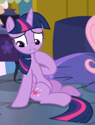 Size: 426x564 | Tagged: safe, screencap, twilight sparkle, alicorn, pony, a health of information, g4, cropped, female, sitting, solo, thinking, twilight sparkle (alicorn)