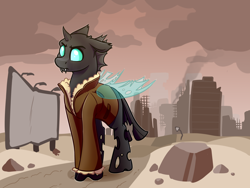 Size: 4000x3000 | Tagged: safe, artist:witchtaunter, oc, oc only, oc:tinkerbelt, changeling, fallout equestria, bygone civilization, changeling oc, cheeselegs, clothes, cloud, coat, fangs, horn, quadrupedal, ruins, smoke, solo, tail, wasteland, wings