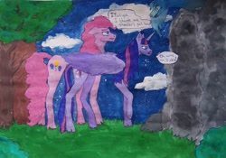 Size: 1080x757 | Tagged: safe, alternate version, artist:starly_but, pinkie pie, twilight sparkle, alicorn, earth pony, pony, g4, bush, cave, cloud, colored, dialogue, female, grin, lineart, mare, outdoors, raised hoof, smiling, traditional art, tree, twilight sparkle (alicorn), worried