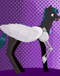 Size: 1080x1350 | Tagged: safe, artist:starly_but, oc, oc only, pegasus, pony, amputee, artificial wings, augmented, ear piercing, earring, fangs, jewelry, nose piercing, nose ring, pegasus oc, piercing, polka dot background, prosthetic limb, prosthetic wing, prosthetics, raised hoof, solo, wings