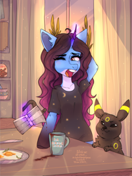 Size: 3120x4160 | Tagged: safe, artist:biskvit, oc, oc only, pony, unicorn, clothes, coffee, commission, cookie, cup, cute, desk, detailed, detailed background, food, kitchen, morning, morning ponies, plant, pokémon, shirt, solo, t-shirt, ych result