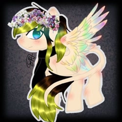 Size: 1024x1024 | Tagged: safe, artist:starly_but, oc, oc only, pegasus, pony, female, floral head wreath, flower, leonine tail, mare, pegasus oc, smiling, solo, wings