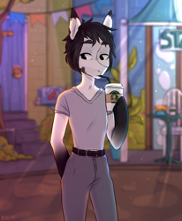 Size: 3300x4000 | Tagged: safe, artist:biskvit, oc, oc only, earth pony, pegasus, anthro, cafe, clothes, coffee, commission, detailed, detailed background, drinking, ear fluff, flag, house, male, pants, shirt, solo, stallion, standing, starbucks, street, t-shirt, thinking